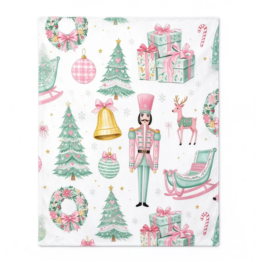 Preppy Aesthetic Chinoiserie Pink Christmas Blanket, Trendy Nutcracker Ballet Holiday Throw, Elegant Ballerina Winter Blanket, Stylish Christmas Home Decor, Unique Nutcracker Ballet Gift for Her