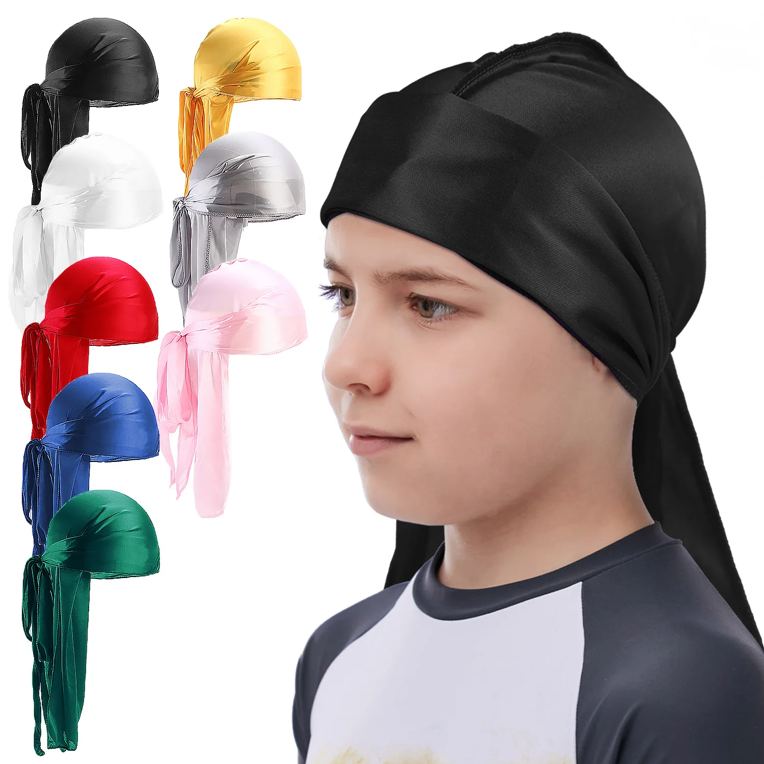Dzieci jedwabisty Durag długi ogon kapelusz piracki hip-hopowe bandany chłopcy wysokiej jakości dzieci Durag nakrycia głowy fala czapka turban akcesoria
