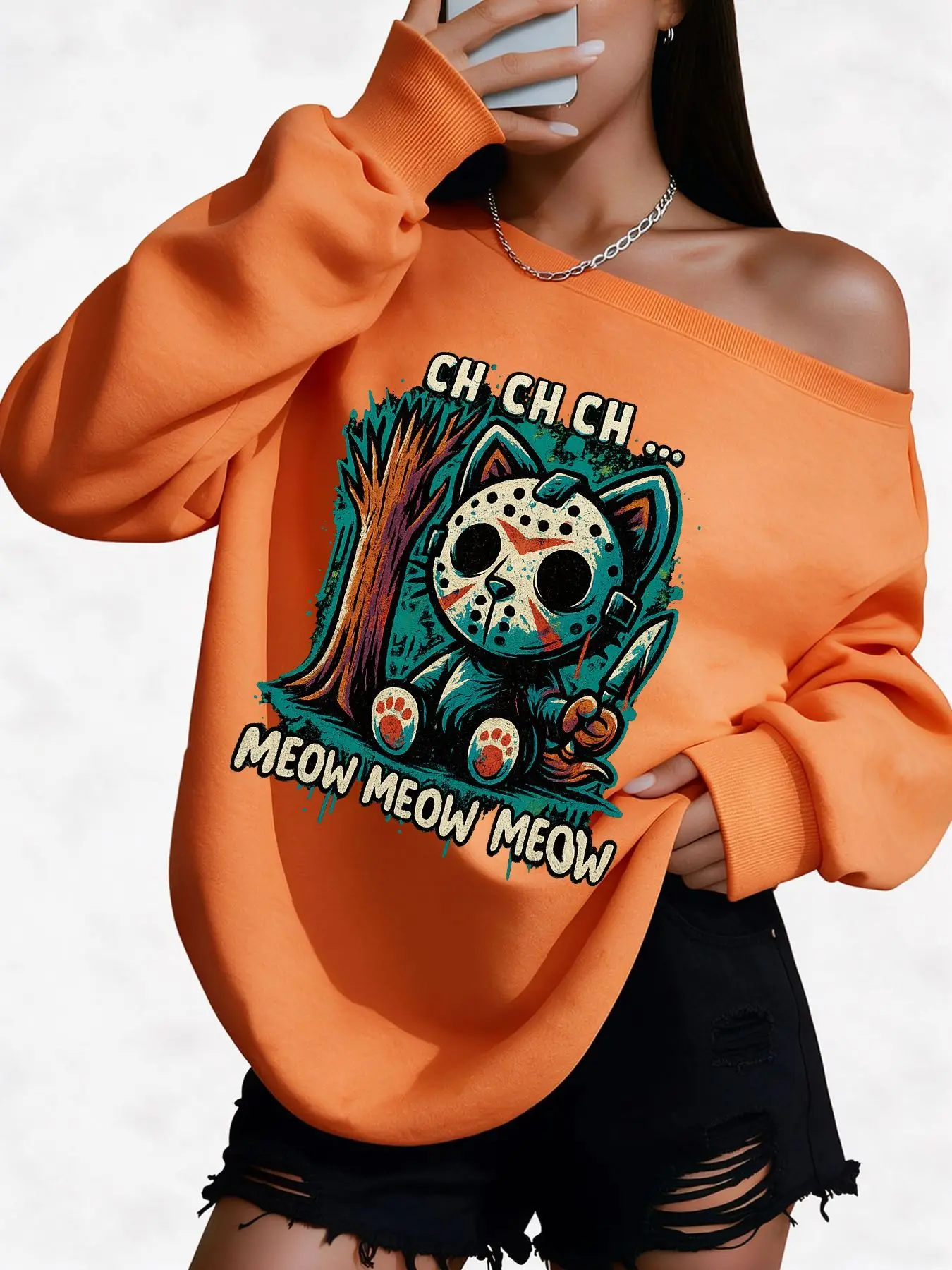 Picture 4: Plus Size 50% Cotton Funny Cat Horror Movie Print Graphic Sweatshirt High Quality Women'S Off-Shoulder Wide Neck Sweatshirt W