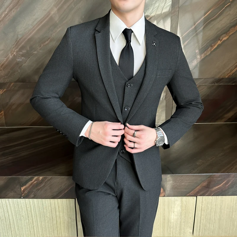 2024 Men\'s Korean Version Slim (suit + Vest + Trousers) Business Casual Fashion Wedding Handsome Suit Set Three Pieces   M-5XL