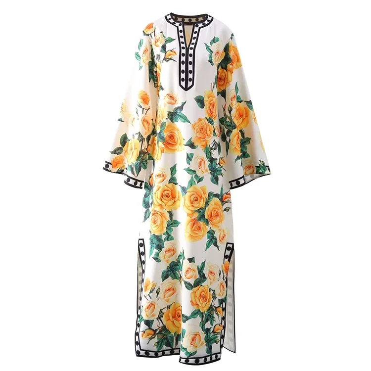 

High Quality Summer New Arrivals Bohemian Women Dress Polka Dot Floral Print Side Split Loose Temperament