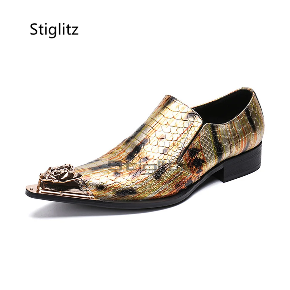 Men's Golden Snake Print Slip On Loafers Metal Pointed Toe Low Heel Genuine Leather Dress Shoes Wedding Party Footwear Big Size