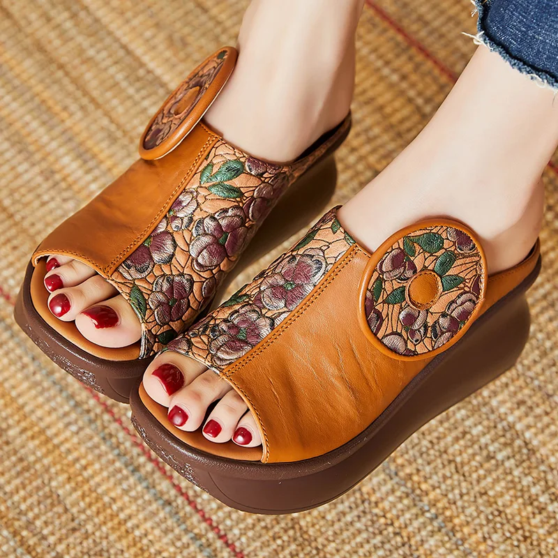 GKTINOO Fish-mouth Summer Genuine Leather Slippers Women Sandals 2024 New Platform Wedges Slippers Ethnic Sandals Women Shoes