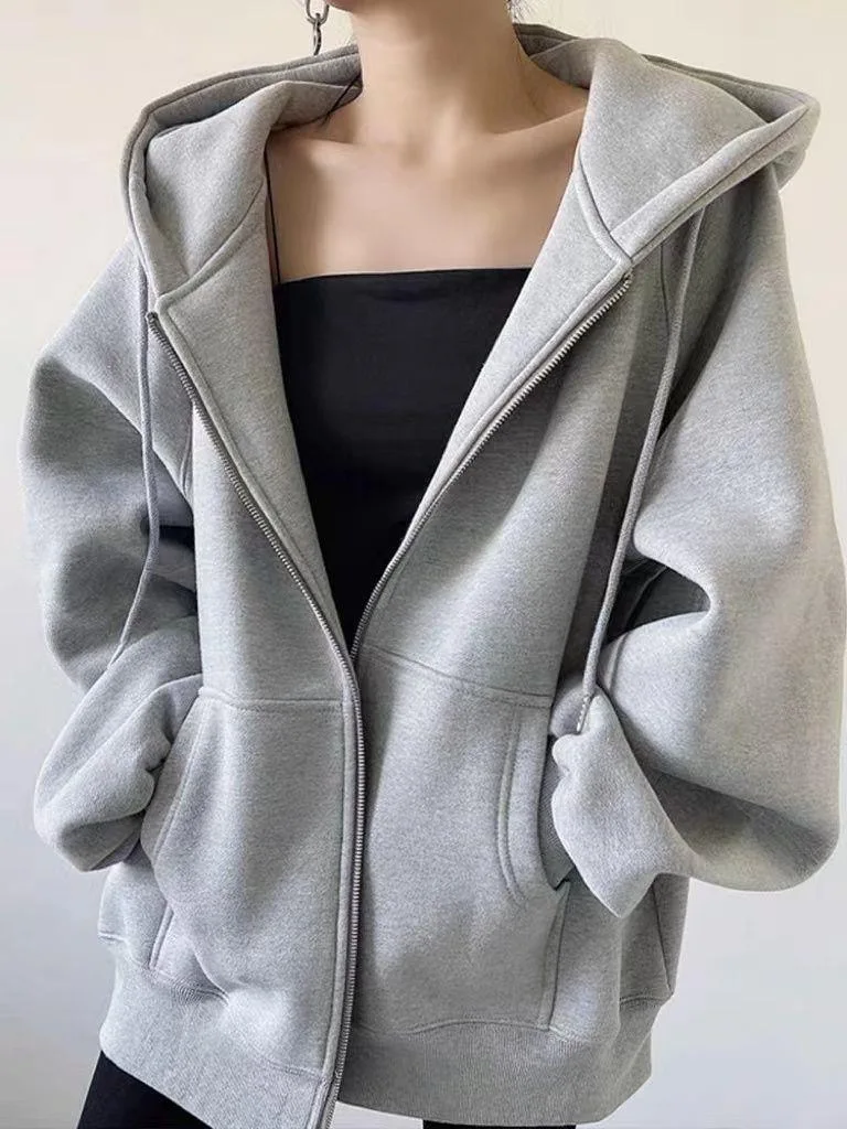 Cardigã Aberto com Capuz em Cor Cinza, Suéter Feminino de Outono e Inverno, Forrado com Fleece, Estilo Descontraído, Versão C...