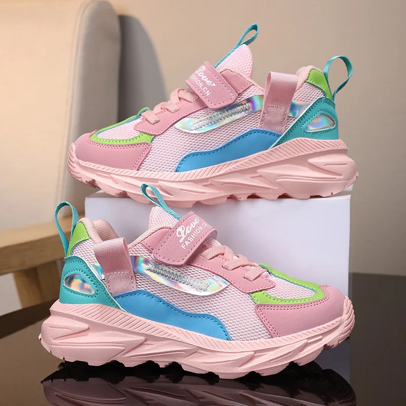 Zapatillas de correr informales para niñas, zapatos transpirables de montañismo, color rosa, 2024