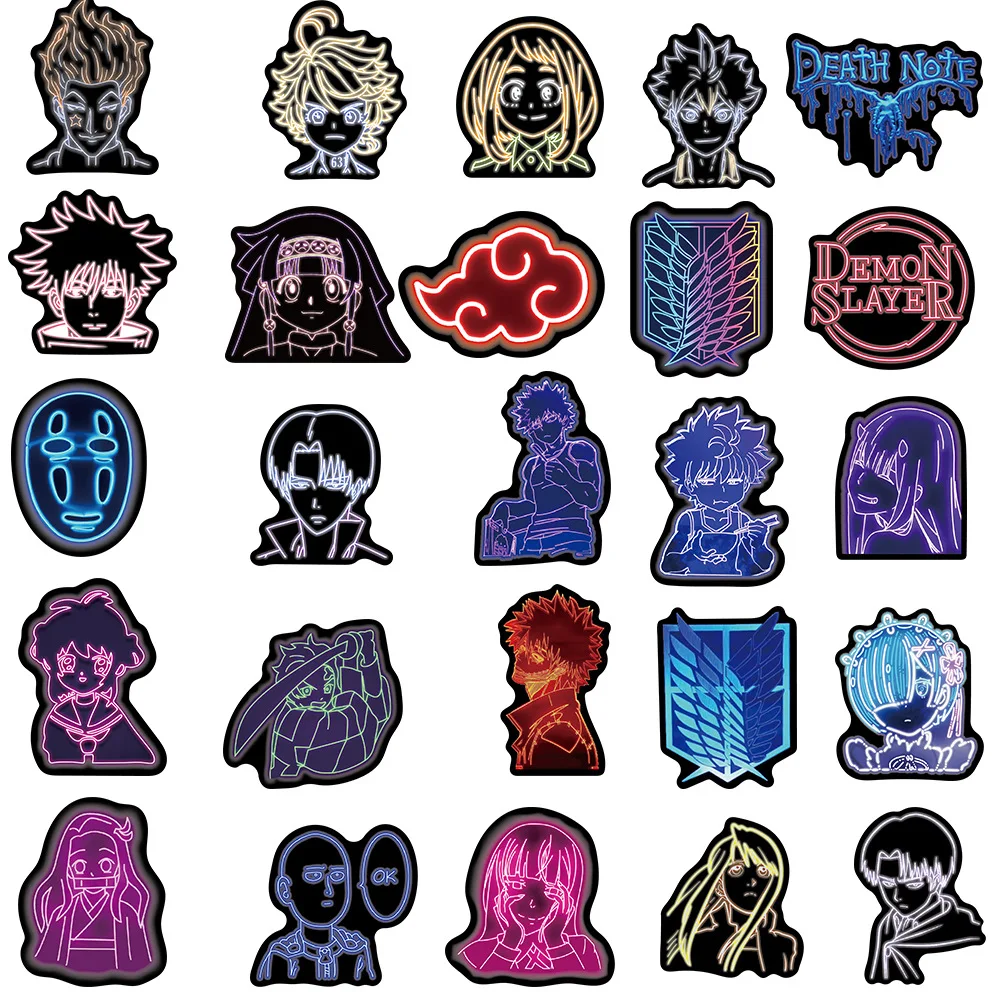 50Pcs Neon Light Anime Stickers Mix Jujutsu Kaisen Hunter×Hunter Stickers DIY Car Phone Laptop Bike Toy Sticker for Kids