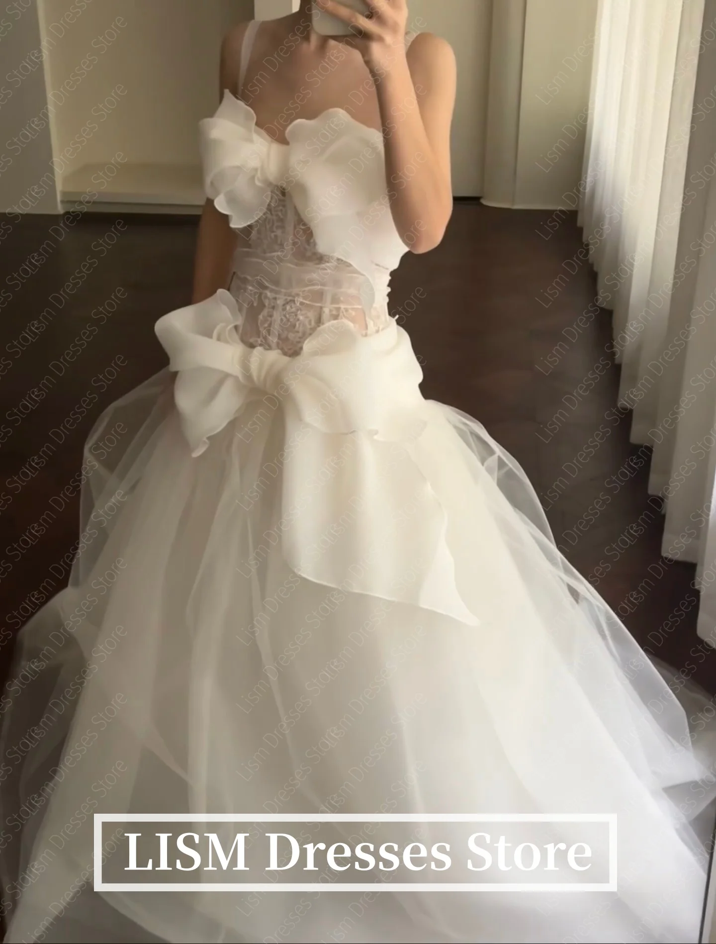 LISM Ivory Ribbons Korea Wedding Dress Strapless Organza Tulle Silk Sweet Photos Shoot Elegant Bridal Gowns Customize 웨딩드레스