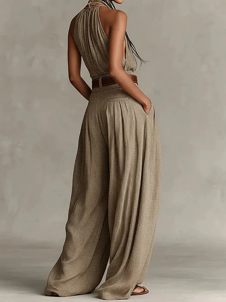 Women Summer Half High Collar Sleeveless Jumpsuit Holiday Casual Elegant Patchwork Playsuit Vintage Chic Wide Leg Pants Bodysuit
