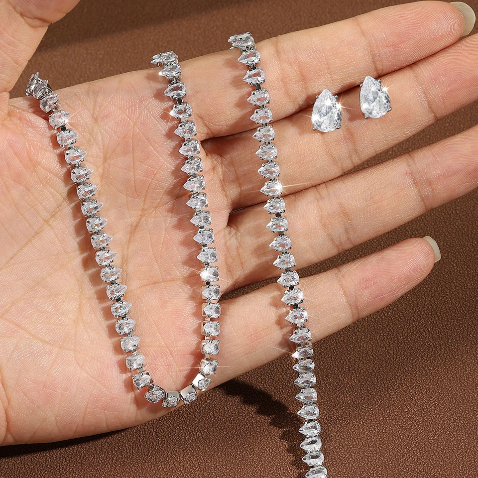 ZAKOL Minimalist Cubic Zirconia Water Drop Necklace Earrings Bracelet Set For Women Luxury Stylish Bridal Wedding Party Jewelry