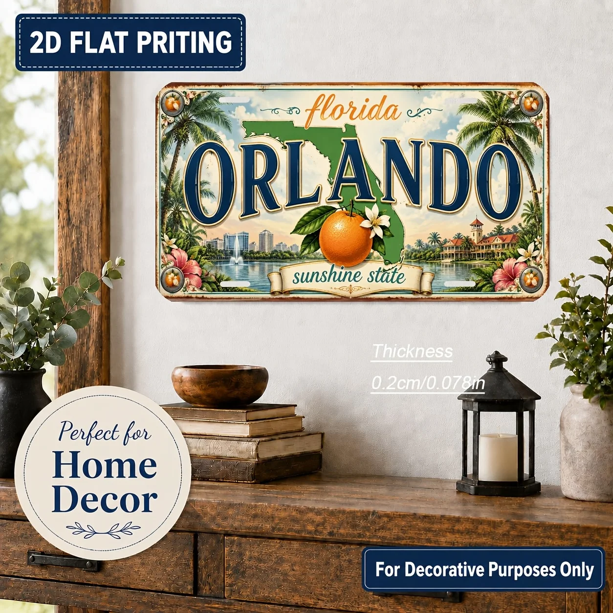 2D Flat, [2D Flat] 2D Flat Print, 1pc, Florida Themed Vintage License Plate, Home Decor, Birthday Gift, Vintage Wall Art, Indust