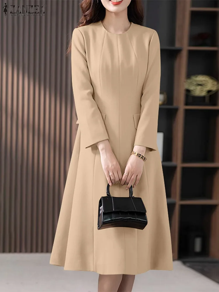 ZANZEA Elegant OL Pleated A-line Long Dresses Women Office Shirt Dress 2024 Spring Round Neck Robe Fashion Collect Waist Vestido