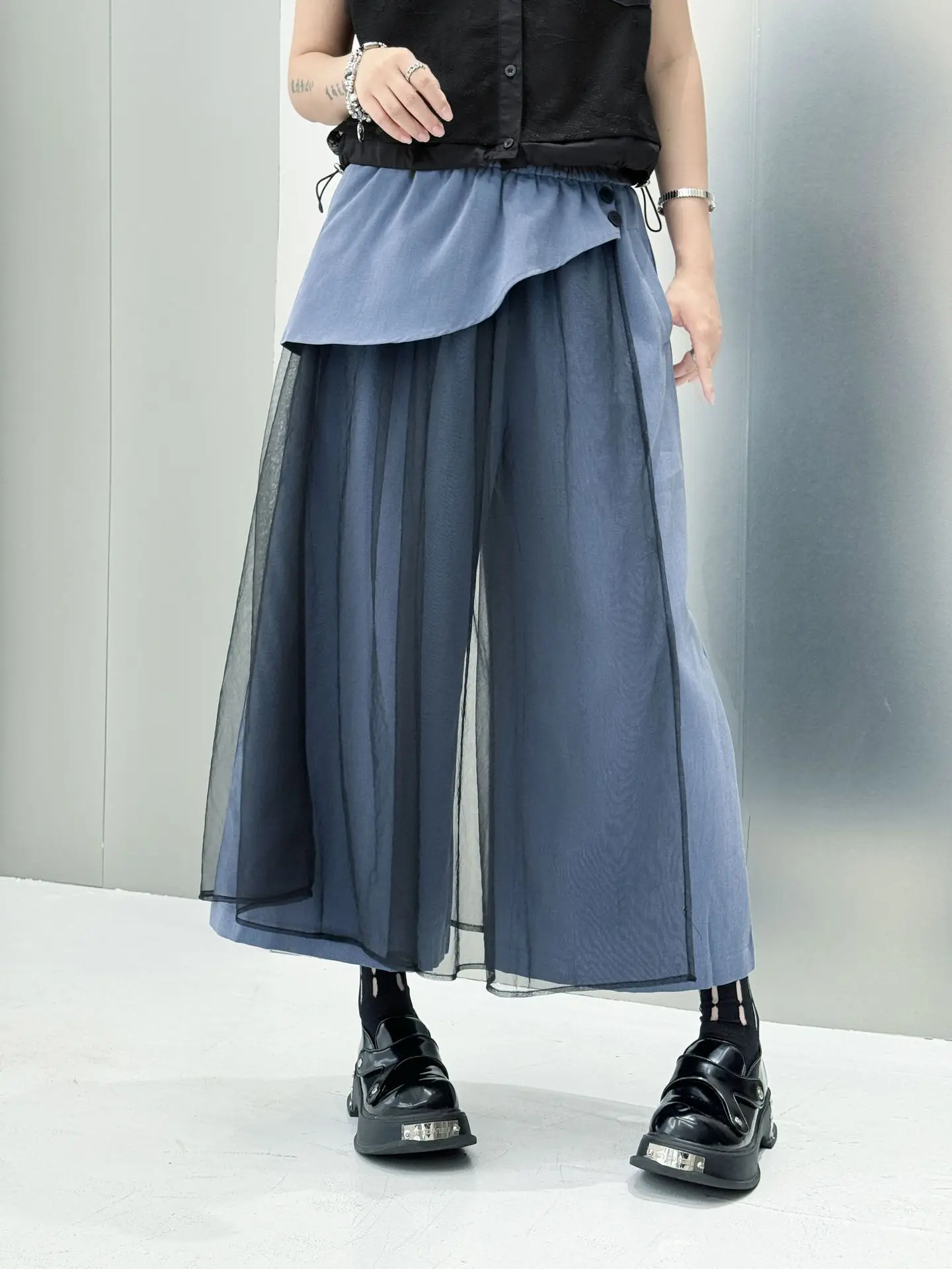 Personality Mesh Patchwork Design High Waist Wide Leg Pants Summer Woman Y2K Clothes Harajuku High Street Pants Pantalones