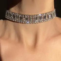 Sparkly Baroque Geometric Choker Necklace for Women Y2k Collar Jewelry 2024 Trendy Rhinestone Open Necklace Adjustable Party