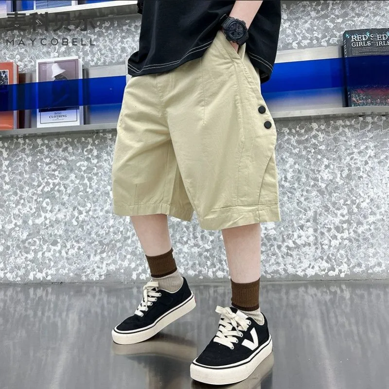 New Summer Teen Boys Cotton Cargo Shorts Loose Solid Color Knee-length Pants Fo… - Image 2