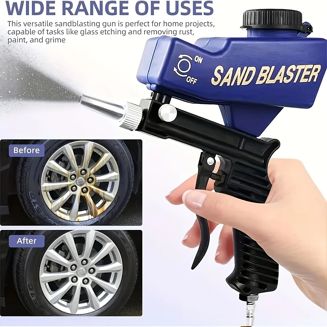 Portable 600cc Gravity Feed Sandblaster Gun, Adjustable Air Blaster for Paint & Rust Removal on Wood, Metal & Cars, Easy Grip
