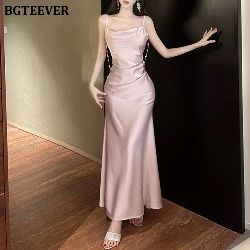 BGTEEVER エレガントなスパゲッティストラップレディーススキニーボディコンサテンドレス夏のヴィンテージスリムウエスト女性ノースリーブパッケージヒップドレス