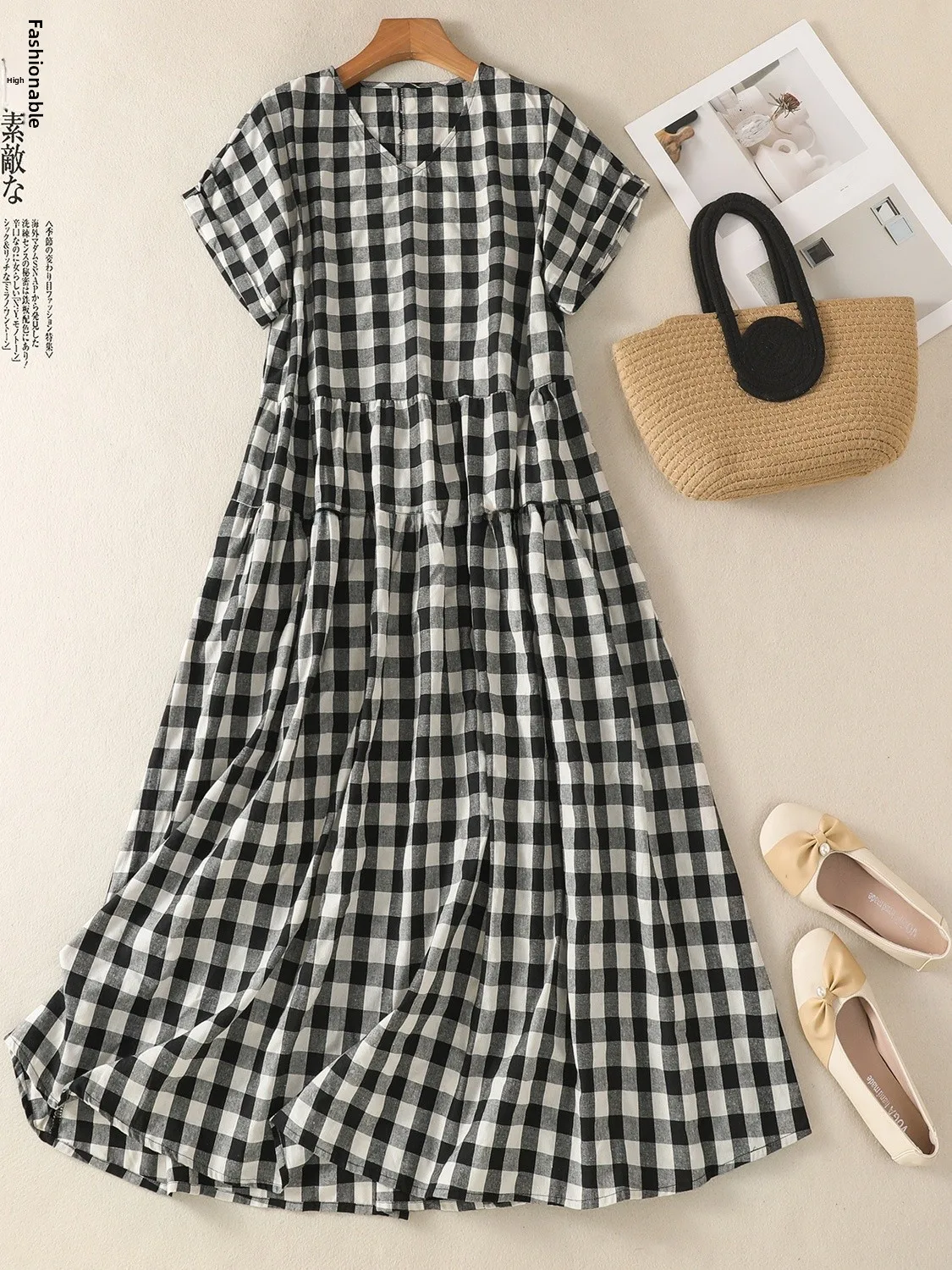 Casual Cotton Linen Dress Slim Fit Short Sleeve Midi Skirt Vintage Style round Neck Design Chinese Brand Women's Summer Dress