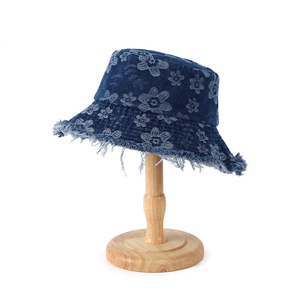 Sunscreen Denim Basin Hat Casual Wind Floral Burr Edge Versatile Bucket Hat Outdoor Travel Sun Hat