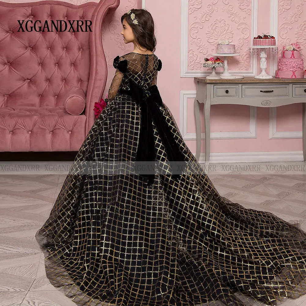 Vestido negro elegante para niña de las flores, minivestido brillante con lazo en la espalda para fiesta de cumpleaños, boda, hija árabe, princesa para graduación, 2024