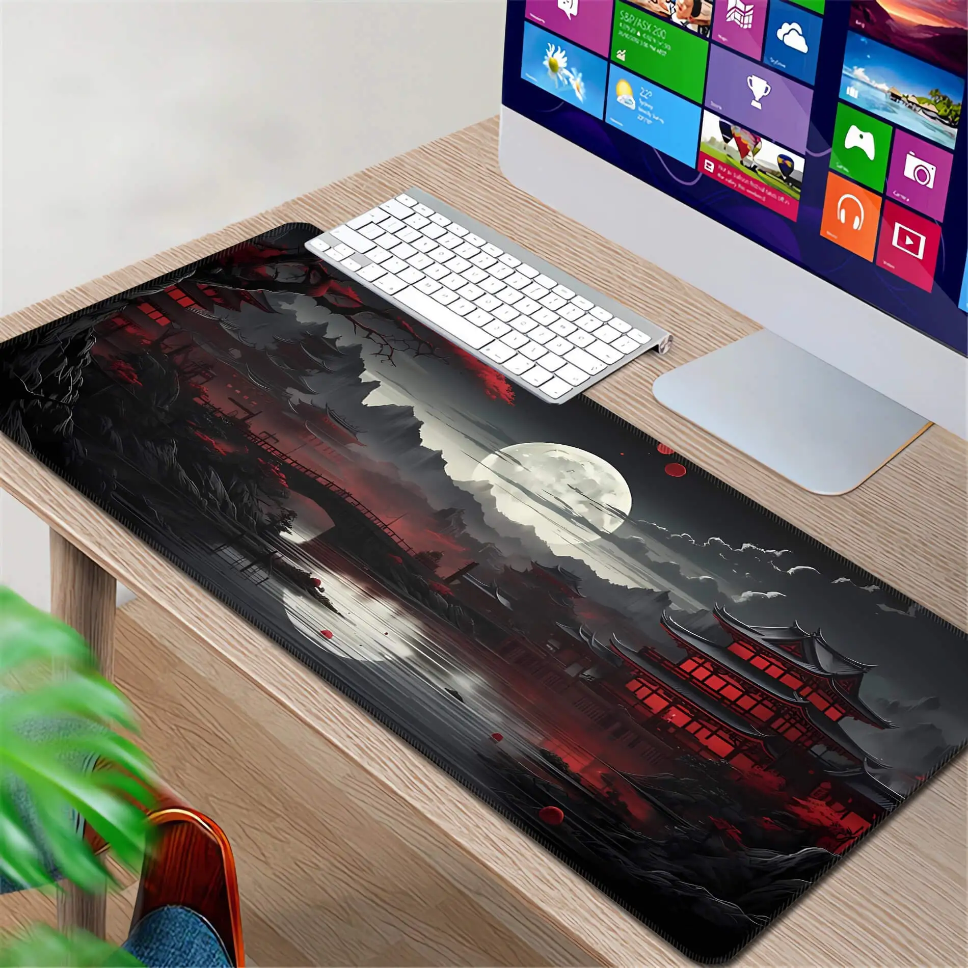 Japanese Full Moon At Water's Edge in Black and Red, Long Mouse Pad, Extra Large Mouse Pad, Gaming Desk Mat, Japanese Ukiyo-e