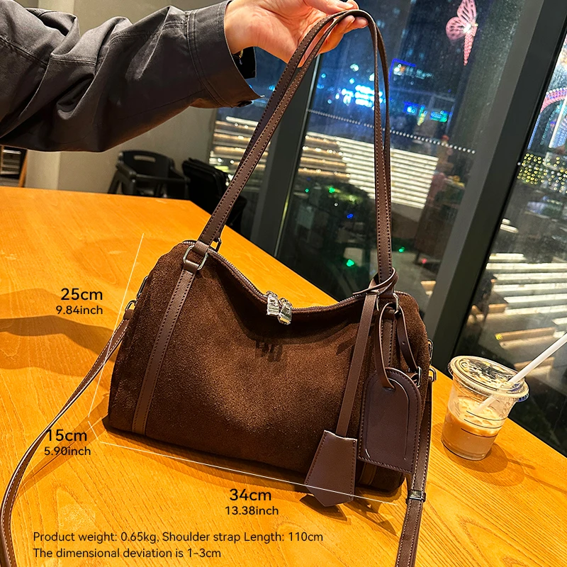 

Winter Women's Natural Suede Leather Bag Female Luxury Desig Frosted Cowhide Durable Handbags Ladies Large Capactiy Shoulder Bag
