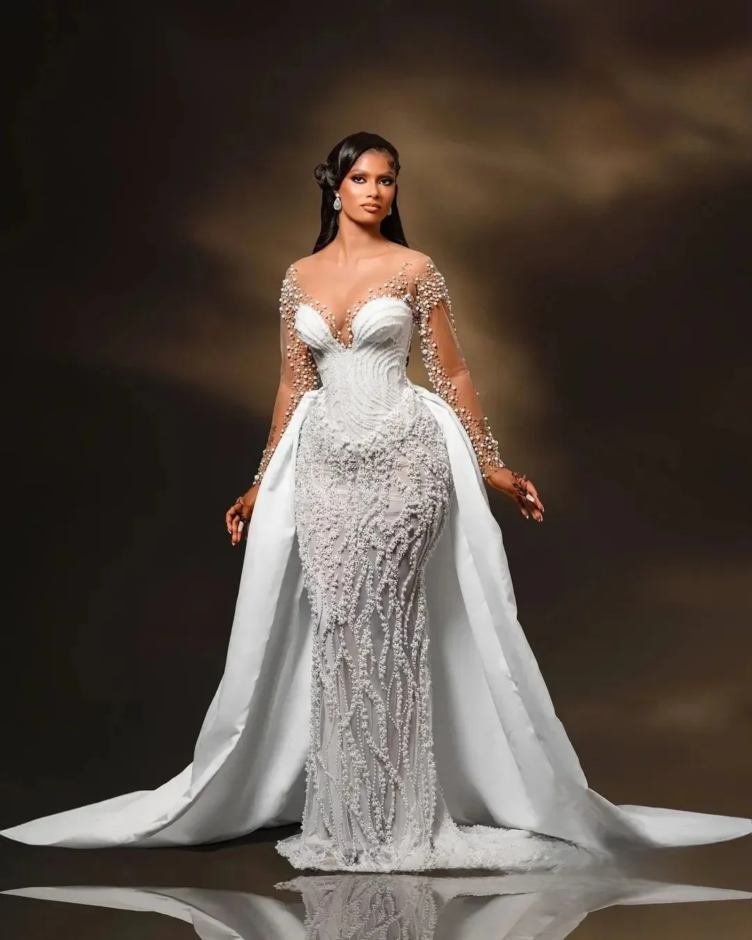 Vestido de novia africano personalizado, vestido de novia para novia, vestidos de novia de sirena, tren desmontable, mangas largas transparentes, perlas