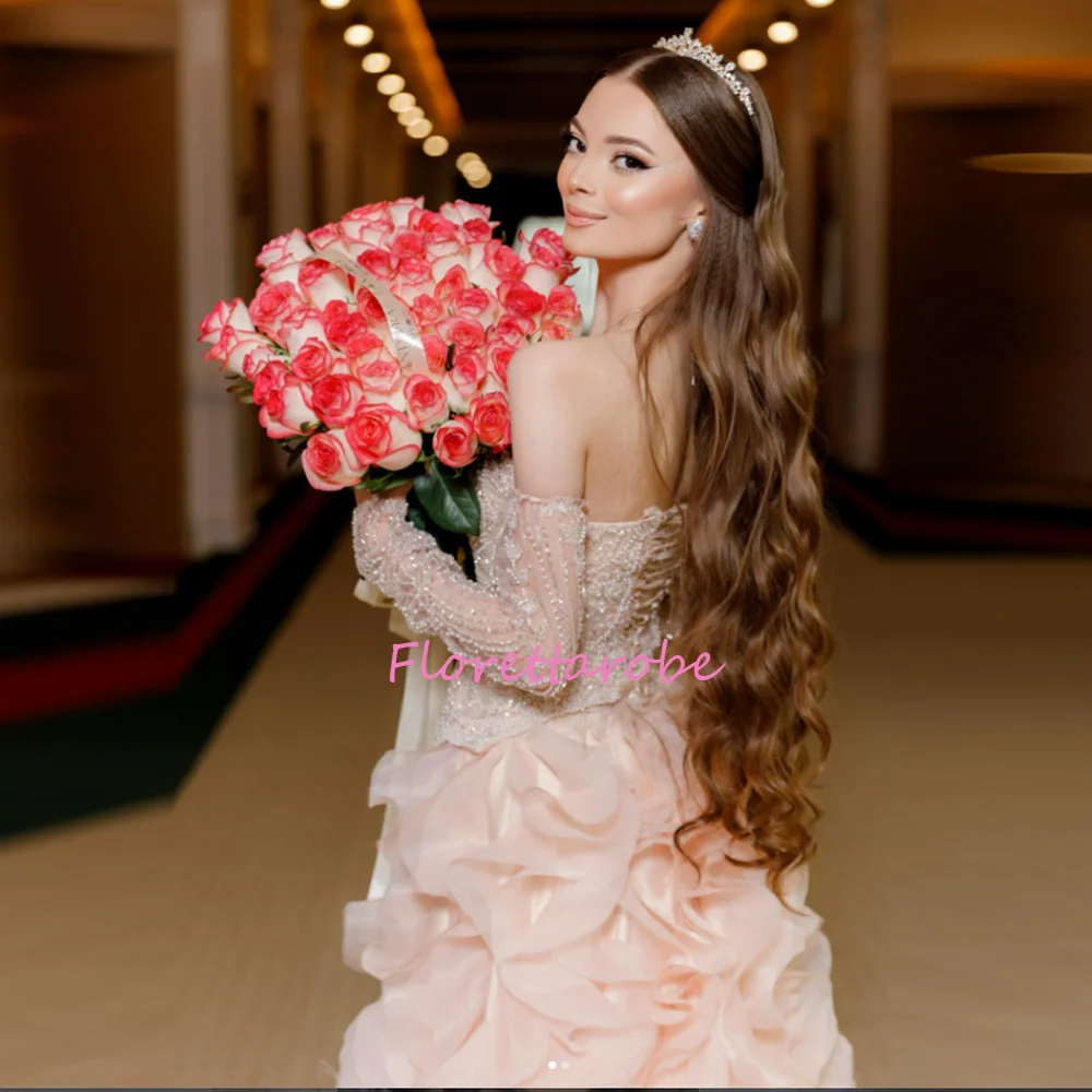 Pink Off The Shoulder Wedding Dress Elegant Princess Prom Gown Flowers Evening Dress  Beaded Ball Gown Vestidos De Niova Customi