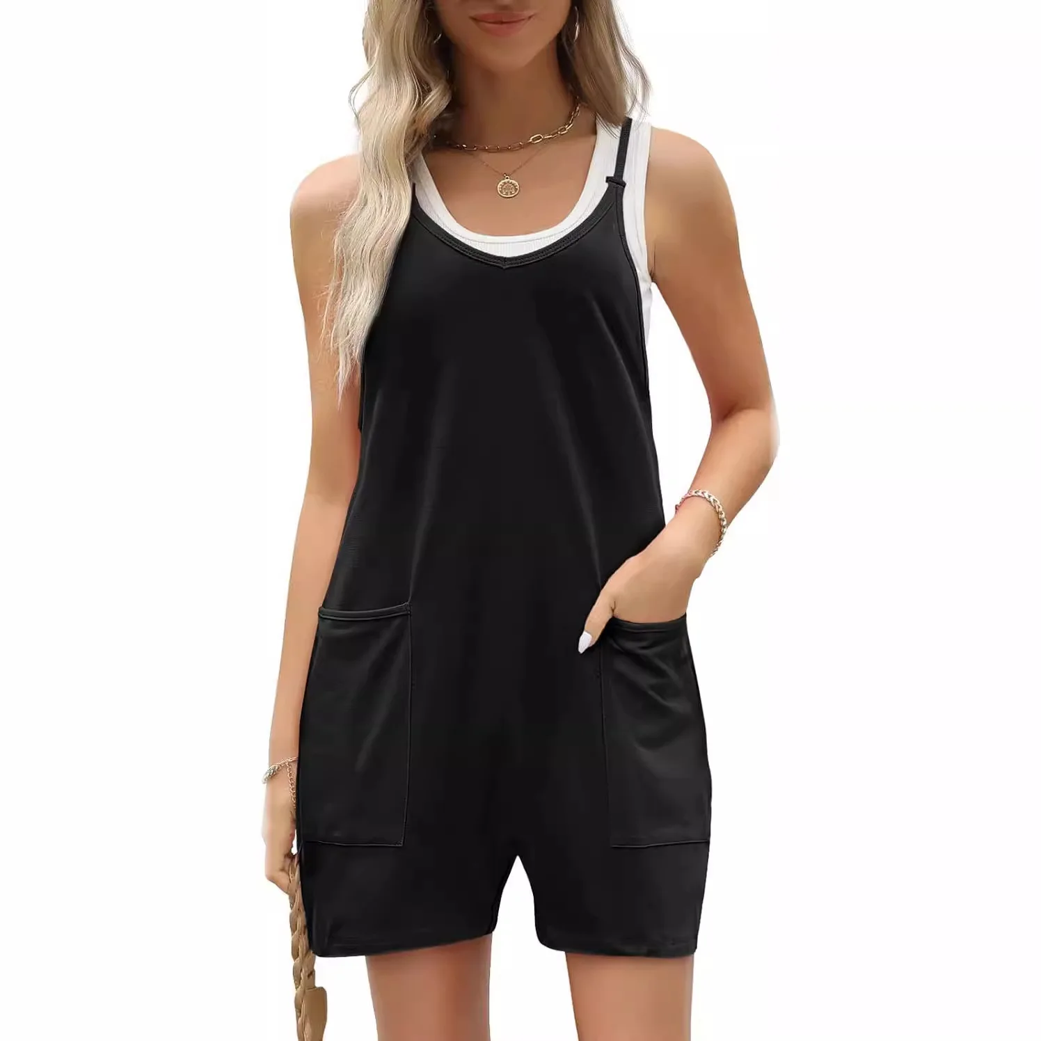 One Pieces Woman Clothes Summer Casual Sleeveless Romper Loose Spaghetti Strap Shorts Overalls Jumpsuit with Pockets Bodysuits