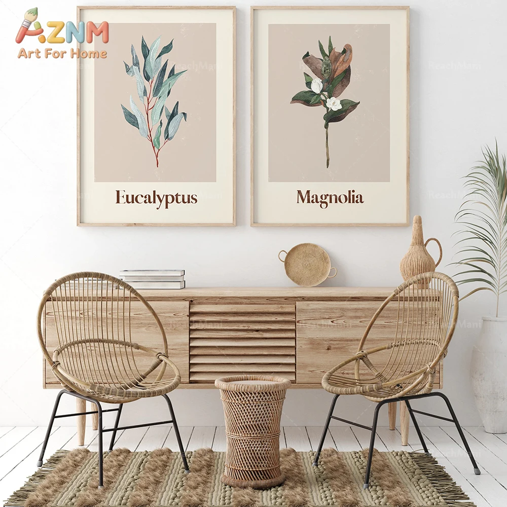 AZNM Boho Watercolor Eucalyptus Magnolia Frameless Canvas Wall Art, Neutral Botanical Plant Print for Living Room Decor