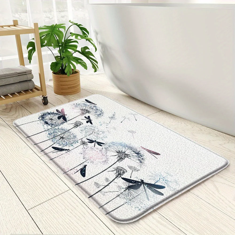 Illustrated Dandelion & Dragonfly Doormat  Gray-Blue and Pink Print on Textured White Base, 45×75 cm Decorative Indoor Floor Mat
