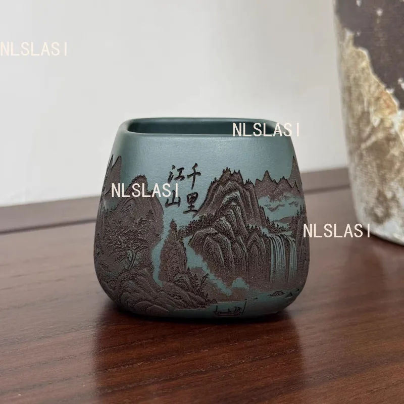 170ml Purple Clay Rivers and Mountains Painting Teacup Chinese Landscape Tea Cup Large Capacity Drinking Utensils Master's Cup