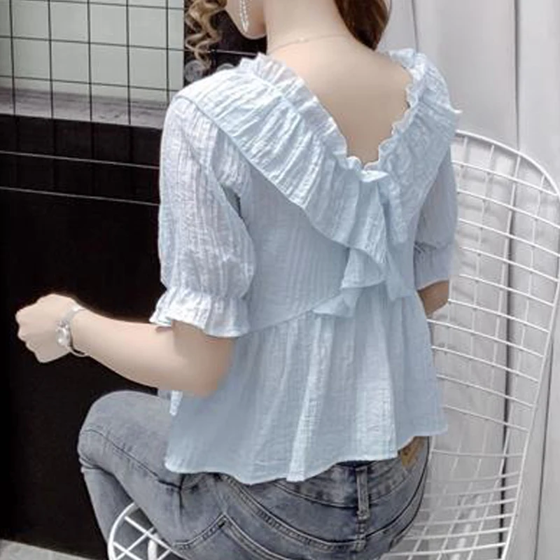 Women\'s Clothing 2024 New Summer Trendy Ruffles Kawaii Sweet Blouse Female V Neck Short Sleeve Slim Shirt Casual Solid Chic Tops