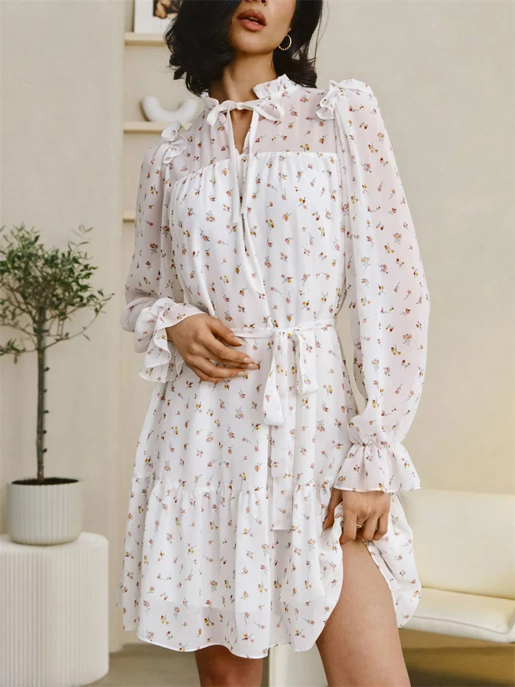 Tossy White Printed See-Through Mini Dress For Women Chiffon Patchwork Lace-Up Fashion Commute Dress Female Summer Bodycon Dress