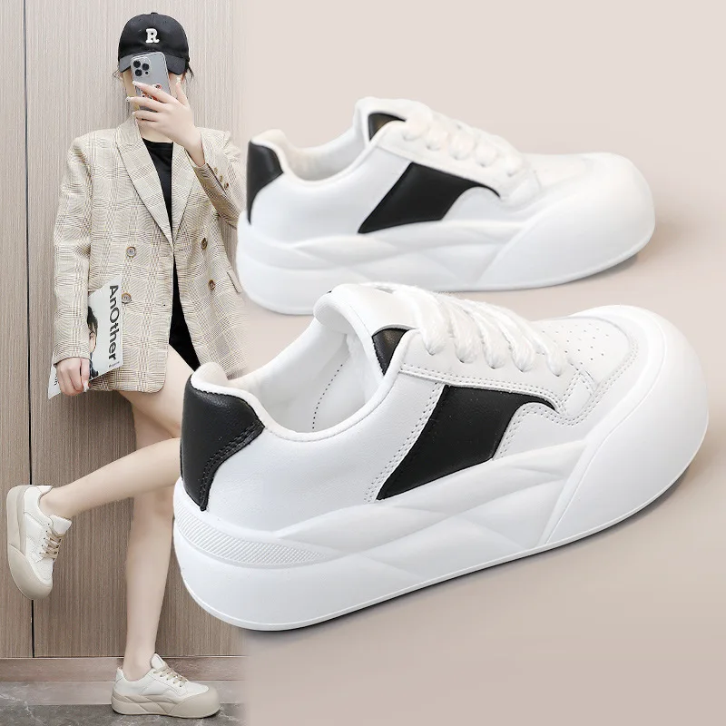 

Women's Vulcanize Shoes, Round Toe, Thick Sole, Height Increase Shoes, Casual Color Block Korean Style Sneakers