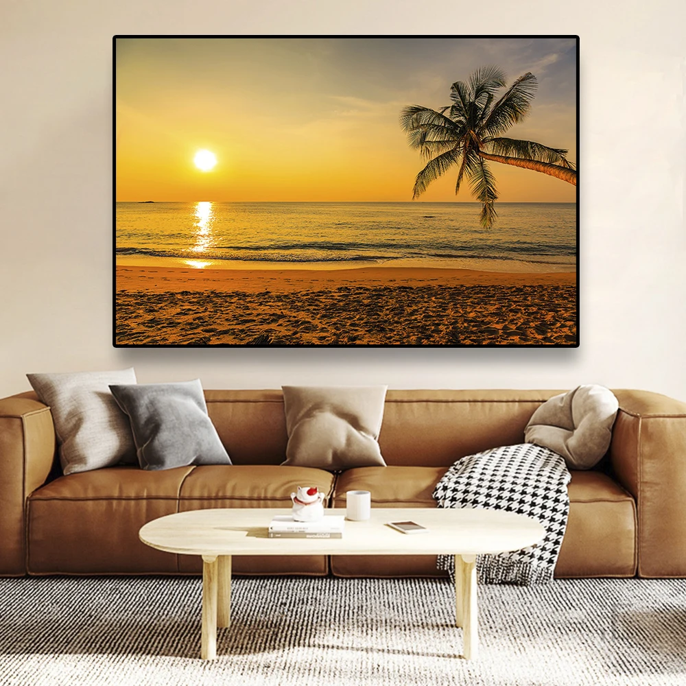 1pc frameless Canvas Painting 、Beach Landscape Canvas Paintings Sunset Gold Sea Pictures Tropical Palm Tree Wall Art Poster Scen