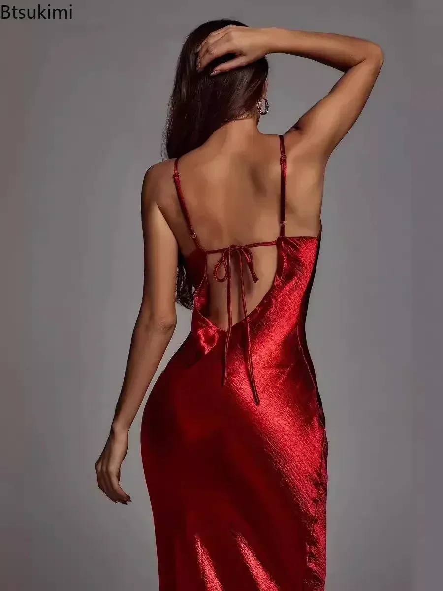 Maxivestido metálico dorado elegante de satén con espalda descubierta para mujer, Vestido largo de verano con tirantes finos sin mangas para fiesta y Club nocturno