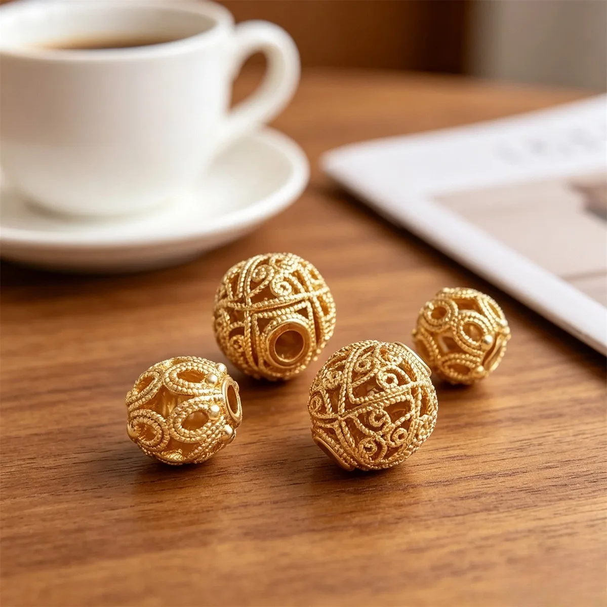 Brass 14K Gold Plated Hydrangea Hollow Flower Ball Swirl Pattern Full Hole Round Beads DIY Bracelet Necklace Earring Findings