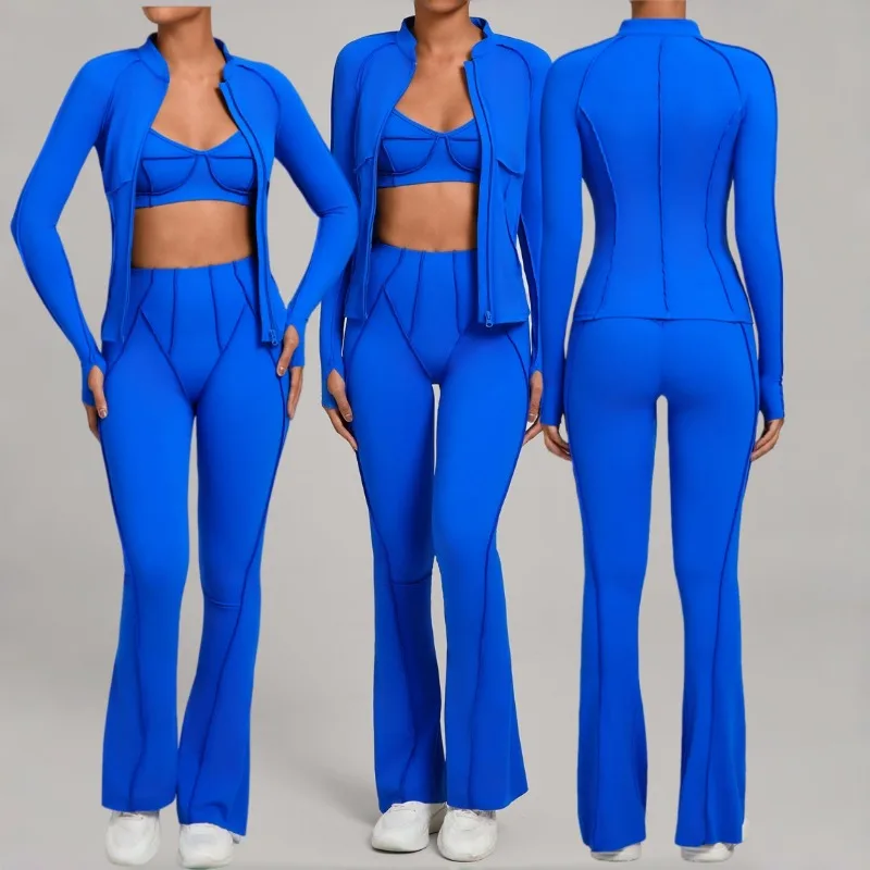 

Women's Versatile Sandblasting Yoga Set with Zipper Breathable Slim Fit and Slimming Three Piece Outdoor Running Sportswear Set