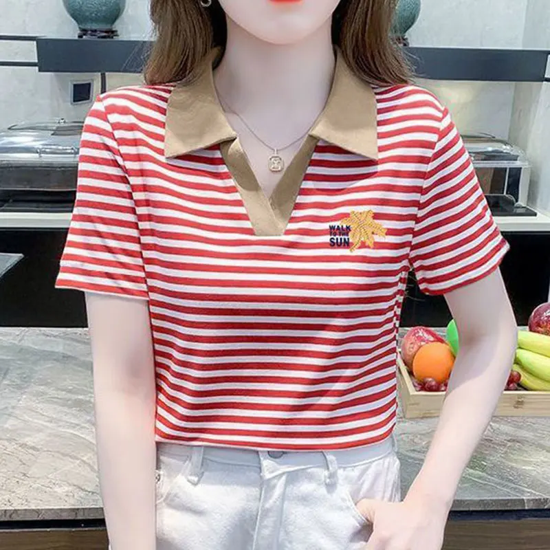 Women's Striped Polo Collar T-Shirt, Short Sleeve T-Shirt, Casual Tops, All-match, Simple, Office Lady, Summer Fashion