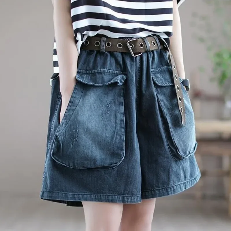 Vintage Harajuku Denim Shorts Summer Women Elastic High Waist Casual Chic Jeans Shorts Pockets Wide-legged Trousers Skirts New