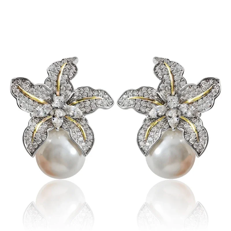 Gorgeous Flower Imitation Pearl Earrings Women Luxury Inlaid Sparkling CZ Stone Fashion Wedding Jewelry Wholesale Lots