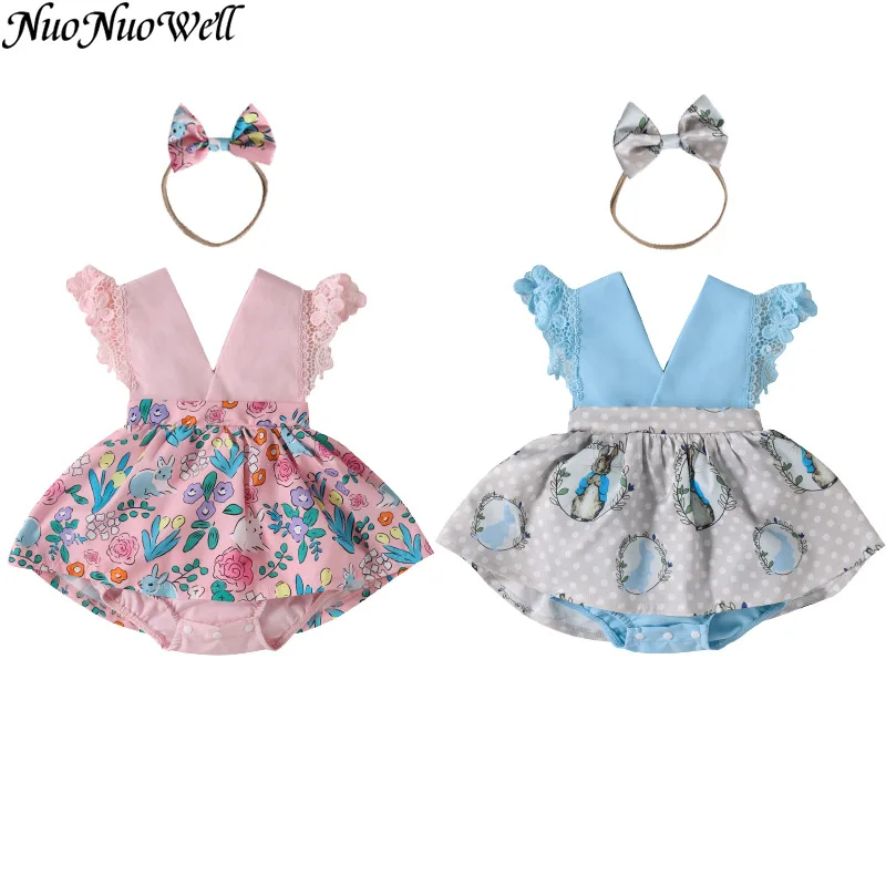 NuoNuoWell Clothes Summer 0 to 24M Baby Girl Sleeveless Bodysuit Infant Dress Headband Outfits Easter Baby Clothes Baby Items