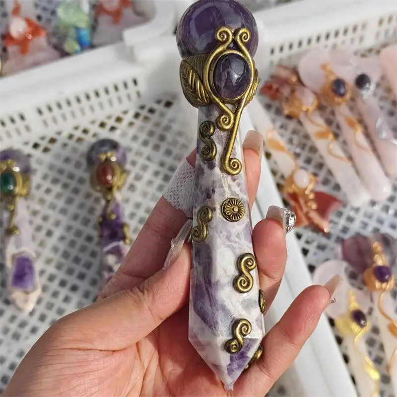 Natural Dream Amethyst Sphere Crystal Energy Magic Wand Carving Reiki Figurine Home Office Decoration Gift 1PCS