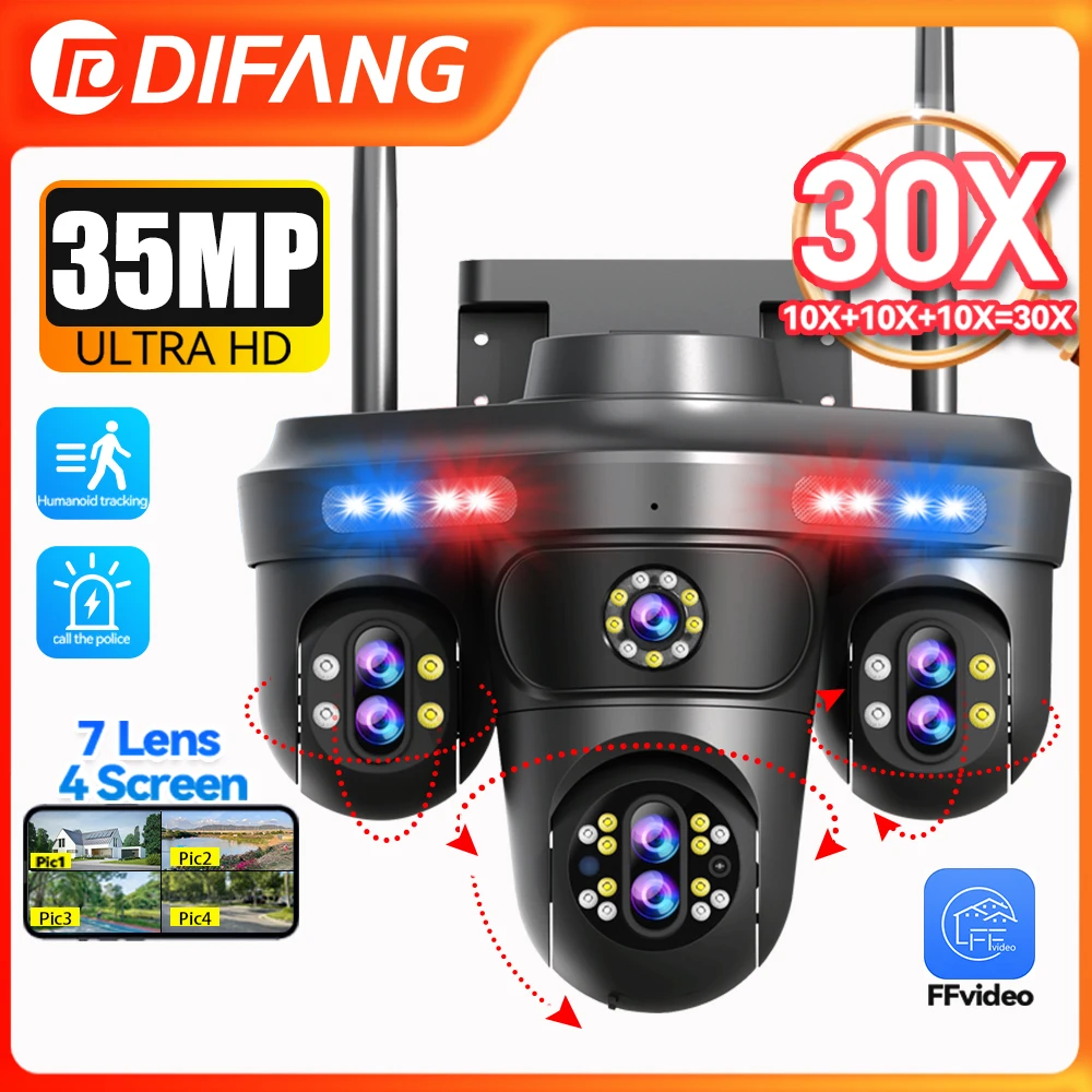 35MP WiFi IP Camera 10X Optical Zoom 7 Lens 4 Screens Wireless Outdoor Surveillance Camera PTZ Auto Tracking Night Vision CCTV