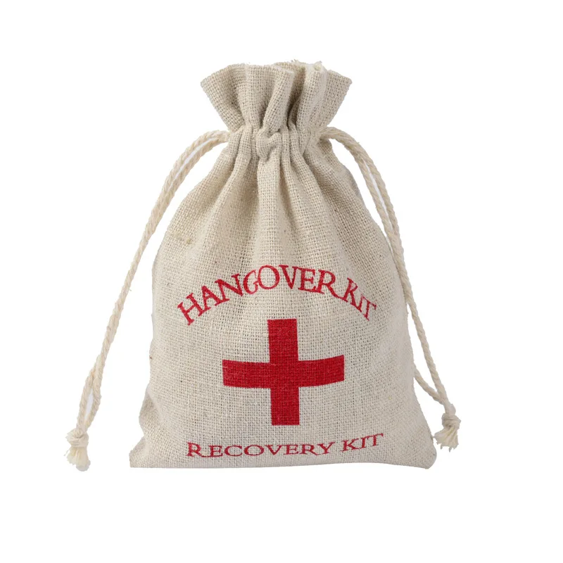 

50Pcs/Lot 10x14cm Personalized Red Cross Hangover Kit Bags Cotton Linen Bags Drawstring Gift Pouches For Wedding Party Bag