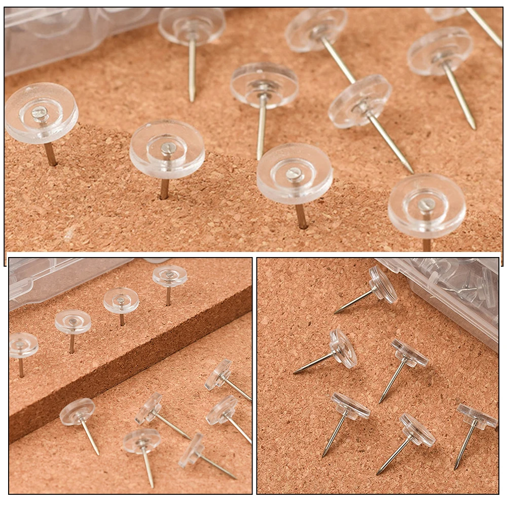 

100 Pcs Flat-head Round I-shaped Nails Thumb Tacks Clear Pushpins for Wall Cork Board Office Drawing Cute Iron