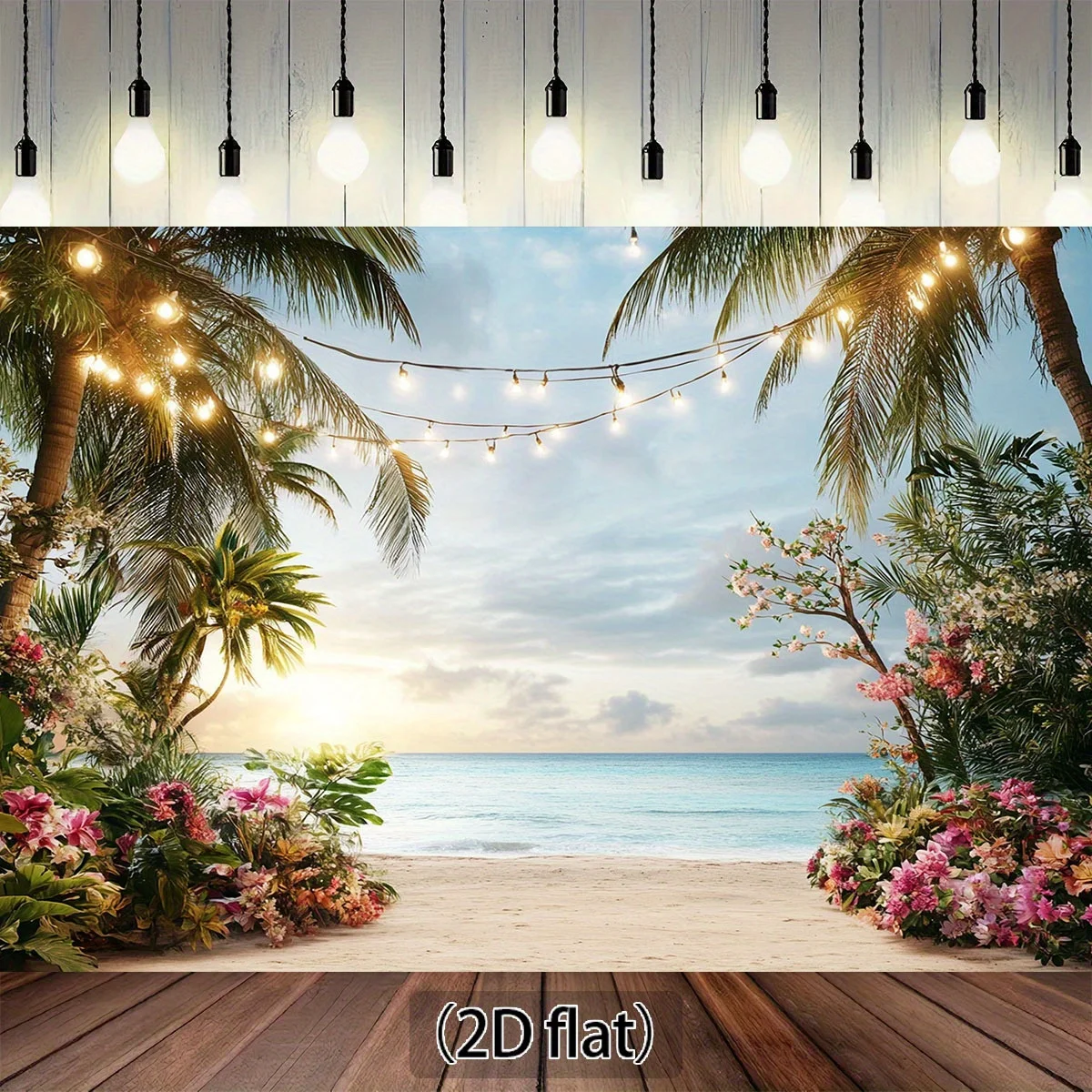 1 tropischer Strandhintergrund mit Palmenbäumen, Ozean und Sonnenuntergang – 2D-Polyester-Fotohintergrund, Sommerparty