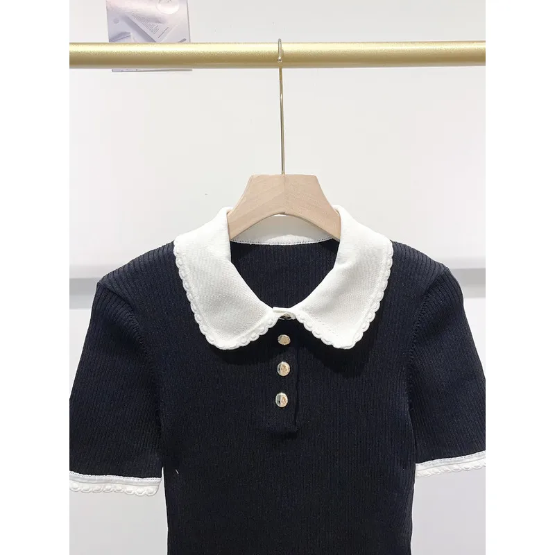 Black Ribbed Knit Shirt Women White Lace Peter Pan Collar Short Sleeve Metal Button Slim Casual Summer Basic Tee
