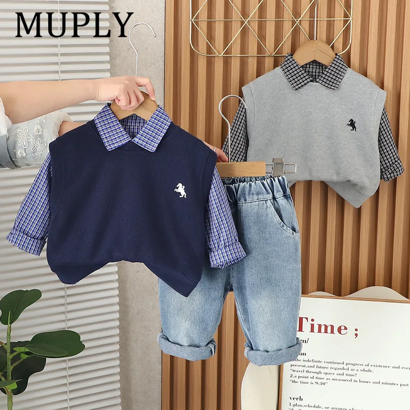 Boys' Clothing Set Spring and Autumn Children's Korean Version Sweater Vest+Shirt+Pants Three Piece Set