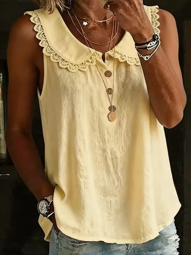 

Women's Summer Sleeveless Lapel Blouse, Loose Solid Color Shirt with Lace Trim & Buttons, Fashion Casual Top
